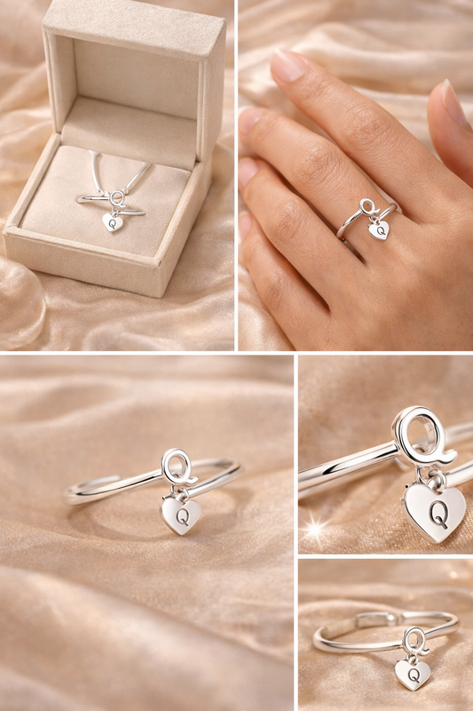 The Amora Initial Heart Ring with Heart Charm